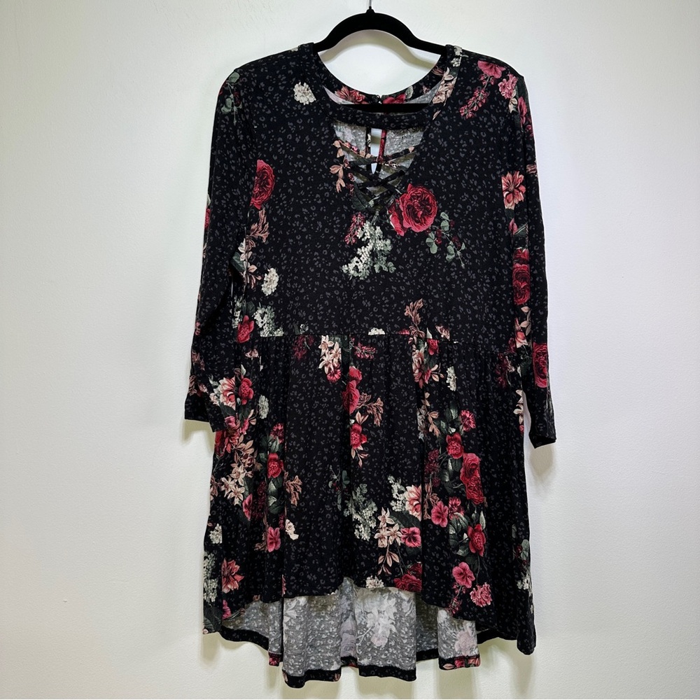 torrid Black Floral Lace-Up Babydoll Top